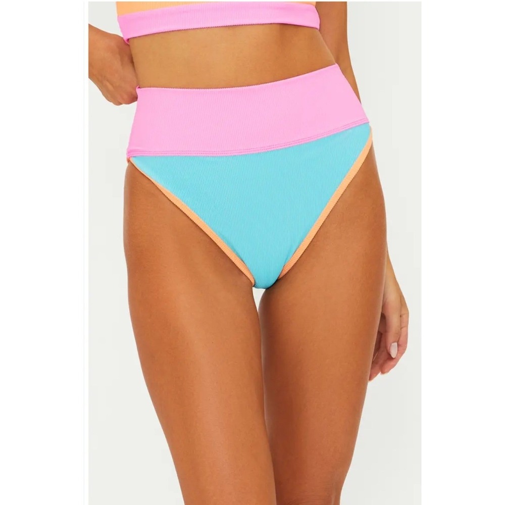 NEW Beach Riot Emmy Colorblock High Waist Bikini Bottoms Pink Blue Ribbed Small